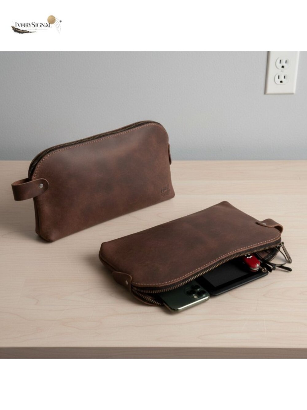 Full Grain Leather Utility Bag for Cords and Chargers, Handmade Travel Organizer